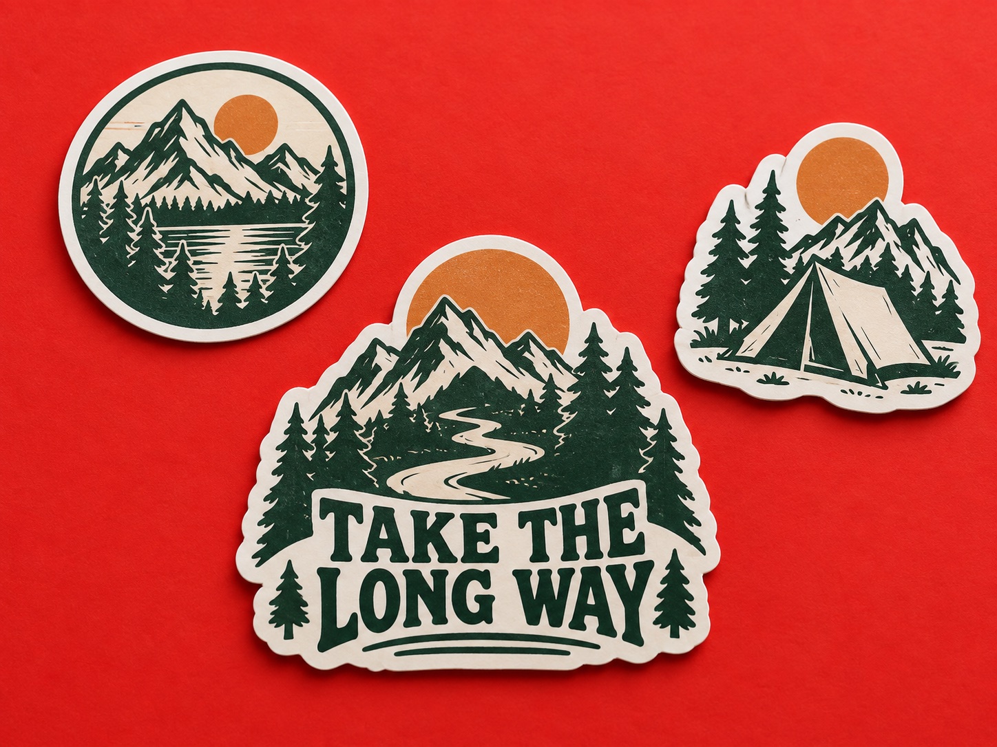 Concept outdoor stickers with green mountains and a take the long way design
