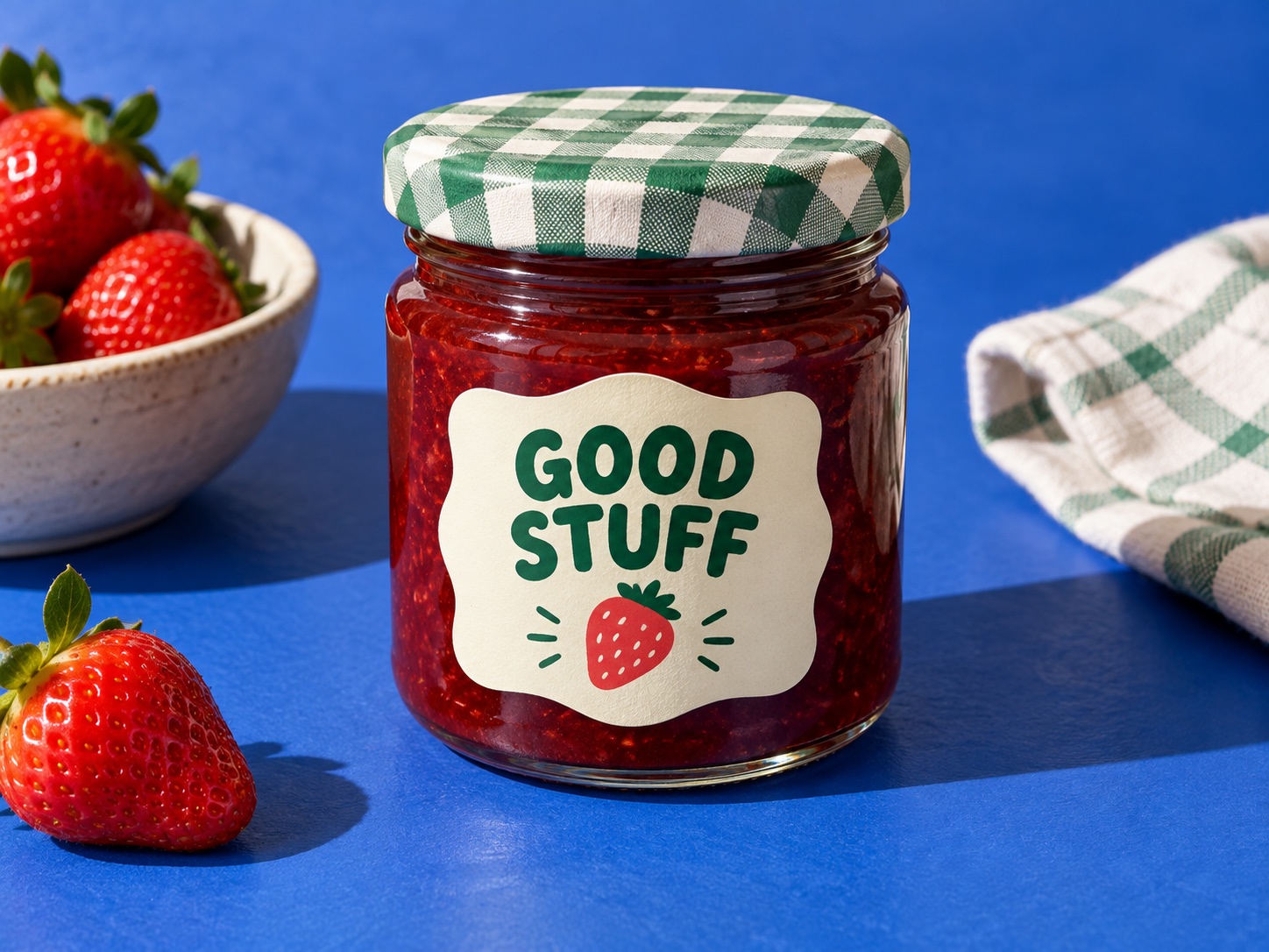 Good Stuff strawberry jam label concept on a small glass jar